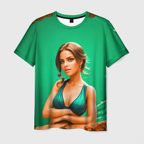 Мужская футболка 3D с принтом Девушка в тёмно зелёном платье на фоне волны , 100% полиэфир | прямой крой, круглый вырез горловины, длина до линии бедер | 