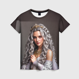 Женская футболка 3D с принтом Девушка с пепельно серыми вьющимися волосами , 100% полиэфир ( синтетическое хлопкоподобное полотно) | прямой крой, круглый вырез горловины, длина до линии бедер | 