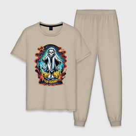 Мужская пижама хлопок с принтом Иди обниму Хэллоуин скелет в Санкт-Петербурге, 100% хлопок | брюки и футболка прямого кроя, без карманов, на брюках мягкая резинка на поясе и по низу штанин
 | 