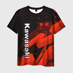 Мужская футболка 3D с принтом Кавасаки   красные брызги в Кировске, 100% полиэфир | прямой крой, круглый вырез горловины, длина до линии бедер | Тематика изображения на принте: 