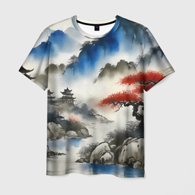Мужская футболка 3D с принтом Осенний пейзаж в стиле китайской живописи в Кировске, 100% полиэфир | прямой крой, круглый вырез горловины, длина до линии бедер | 