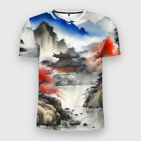 Мужская футболка 3D Slim с принтом Осенний пейзаж в древнем китайском стиле в Петрозаводске, 100% полиэстер с улучшенными характеристиками | приталенный силуэт, круглая горловина, широкие плечи, сужается к линии бедра | 