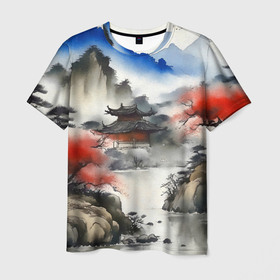 Мужская футболка 3D с принтом Осенний пейзаж в древнем китайском стиле в Белгороде, 100% полиэфир | прямой крой, круглый вырез горловины, длина до линии бедер | 