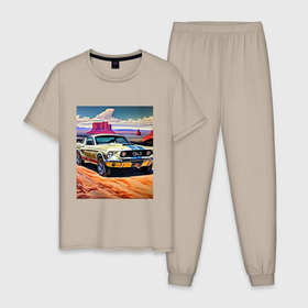 Мужская пижама хлопок с принтом Авто Мустанг в Кировске, 100% хлопок | брюки и футболка прямого кроя, без карманов, на брюках мягкая резинка на поясе и по низу штанин
 | 