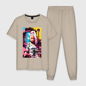 Мужская пижама хлопок с принтом Barbie vs Oppenheimer   meme в Екатеринбурге, 100% хлопок | брюки и футболка прямого кроя, без карманов, на брюках мягкая резинка на поясе и по низу штанин
 | 