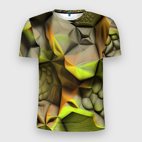 Мужская футболка 3D Slim с принтом Зеленая объемная космическая текстура в Екатеринбурге, 100% полиэстер с улучшенными характеристиками | приталенный силуэт, круглая горловина, широкие плечи, сужается к линии бедра | 