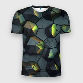 Мужская футболка 3D Slim с принтом Черная текстура с зелеными камнями в Белгороде, 100% полиэстер с улучшенными характеристиками | приталенный силуэт, круглая горловина, широкие плечи, сужается к линии бедра | 