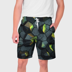 Мужские шорты 3D с принтом Черная текстура с зелеными камнями в Белгороде,  полиэстер 100% | прямой крой, два кармана без застежек по бокам. Мягкая трикотажная резинка на поясе, внутри которой широкие завязки. Длина чуть выше колен | 