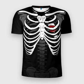 Мужская футболка 3D Slim с принтом Скелет: ребра с винишком , 100% полиэстер с улучшенными характеристиками | приталенный силуэт, круглая горловина, широкие плечи, сужается к линии бедра | 
