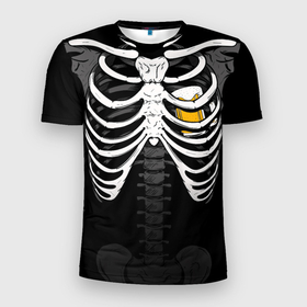 Мужская футболка 3D Slim с принтом Скелет: ребра и кружка пива в Тюмени, 100% полиэстер с улучшенными характеристиками | приталенный силуэт, круглая горловина, широкие плечи, сужается к линии бедра | 