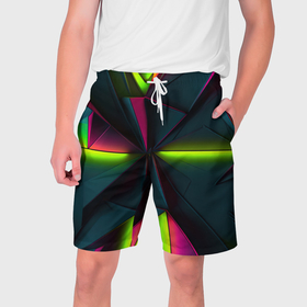 Мужские шорты 3D с принтом Зеленые неоновые   плиты в Екатеринбурге,  полиэстер 100% | прямой крой, два кармана без застежек по бокам. Мягкая трикотажная резинка на поясе, внутри которой широкие завязки. Длина чуть выше колен | 