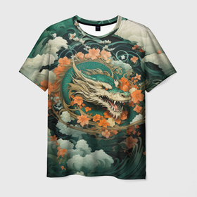 Мужская футболка 3D с принтом Облачный дракон Irezumi , 100% полиэфир | прямой крой, круглый вырез горловины, длина до линии бедер | 