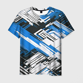 Мужская футболка 3D с принтом Киберпанк агрессивные линии синие в Санкт-Петербурге, 100% полиэфир | прямой крой, круглый вырез горловины, длина до линии бедер | 