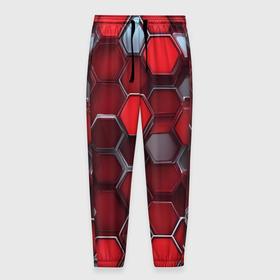 Мужские брюки 3D с принтом Cyber hexagon red в Тюмени, 100% полиэстер | манжеты по низу, эластичный пояс регулируется шнурком, по бокам два кармана без застежек, внутренняя часть кармана из мелкой сетки | 