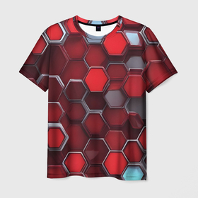 Мужская футболка 3D с принтом Cyber hexagon red в Новосибирске, 100% полиэфир | прямой крой, круглый вырез горловины, длина до линии бедер | 