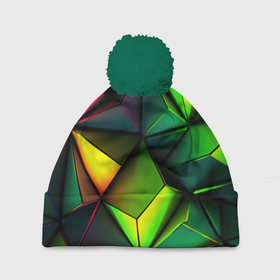 Шапка 3D c помпоном с принтом Зеленые абстрактные  треугольники в Белгороде, 100% полиэстер | универсальный размер, печать по всей поверхности изделия | 