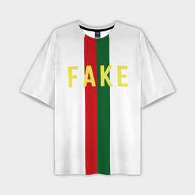 Мужская футболка oversize 3D с принтом зелёная и красная полосы с надписью Fake в Санкт-Петербурге,  |  | Тематика изображения на принте: 