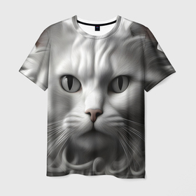 Мужская футболка 3D с принтом белый котэ , 100% полиэфир | прямой крой, круглый вырез горловины, длина до линии бедер | 