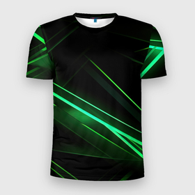 Мужская футболка 3D Slim с принтом Green lines  black backgrouns в Екатеринбурге, 100% полиэстер с улучшенными характеристиками | приталенный силуэт, круглая горловина, широкие плечи, сужается к линии бедра | 