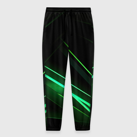 Мужские брюки 3D с принтом Green lines  black backgrouns в Екатеринбурге, 100% полиэстер | манжеты по низу, эластичный пояс регулируется шнурком, по бокам два кармана без застежек, внутренняя часть кармана из мелкой сетки | 