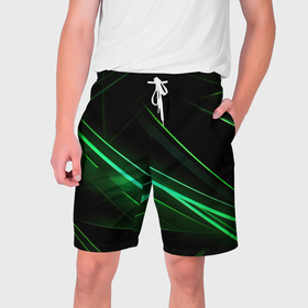 Мужские шорты 3D с принтом Green lines  black backgrouns в Екатеринбурге,  полиэстер 100% | прямой крой, два кармана без застежек по бокам. Мягкая трикотажная резинка на поясе, внутри которой широкие завязки. Длина чуть выше колен | 
