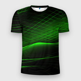 Мужская футболка 3D Slim с принтом Green  lines  black backgrouns в Екатеринбурге, 100% полиэстер с улучшенными характеристиками | приталенный силуэт, круглая горловина, широкие плечи, сужается к линии бедра | 