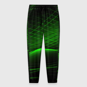 Мужские брюки 3D с принтом Green  lines  black backgrouns в Екатеринбурге, 100% полиэстер | манжеты по низу, эластичный пояс регулируется шнурком, по бокам два кармана без застежек, внутренняя часть кармана из мелкой сетки | 
