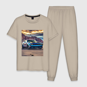 Мужская пижама хлопок с принтом Авто Додж Челленджер в Тюмени, 100% хлопок | брюки и футболка прямого кроя, без карманов, на брюках мягкая резинка на поясе и по низу штанин
 | Тематика изображения на принте: 