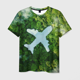 Мужская футболка 3D с принтом озеро в форме самолёта в лесу в Тюмени, 100% полиэфир | прямой крой, круглый вырез горловины, длина до линии бедер | 