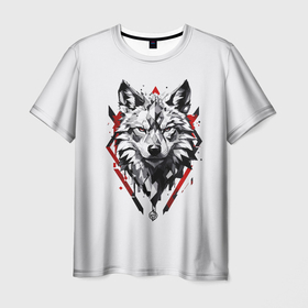 Мужская футболка 3D с принтом Волк в геометрическом стиле с красными глазами в Кировске, 100% полиэфир | прямой крой, круглый вырез горловины, длина до линии бедер | 