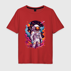Мужская футболка хлопок Oversize с принтом Космонавт в открытом космосе среди планет в Петрозаводске, 100% хлопок | свободный крой, круглый ворот, “спинка” длиннее передней части | Тематика изображения на принте: 