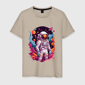 Мужская футболка хлопок с принтом Космонавт в открытом космосе среди планет в Петрозаводске, 100% хлопок | прямой крой, круглый вырез горловины, длина до линии бедер, слегка спущенное плечо. | Тематика изображения на принте: 