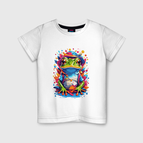 Детская футболка хлопок с принтом Красочный лягушонок в одежде в Санкт-Петербурге, 100% хлопок | круглый вырез горловины, полуприлегающий силуэт, длина до линии бедер | 