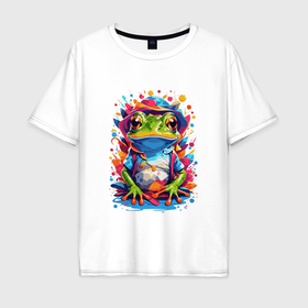 Мужская футболка хлопок Oversize с принтом Красочный лягушонок в одежде в Курске, 100% хлопок | свободный крой, круглый ворот, “спинка” длиннее передней части | 