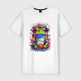 Мужская футболка хлопок Slim с принтом Красочный лягушонок в одежде в Петрозаводске, 92% хлопок, 8% лайкра | приталенный силуэт, круглый вырез ворота, длина до линии бедра, короткий рукав | 