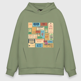 Мужское худи Oversize хлопок с принтом Винтажные билеты в Ухте, френч-терри — 70% хлопок, 30% полиэстер. Мягкий теплый начес внутри —100% хлопок | боковые карманы, эластичные манжеты и нижняя кромка, капюшон на магнитной кнопке | Тематика изображения на принте: 