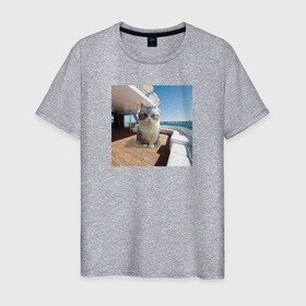 Мужская футболка хлопок с принтом Комару на яхте в Кировске, 100% хлопок | прямой крой, круглый вырез горловины, длина до линии бедер, слегка спущенное плечо. | Тематика изображения на принте: 