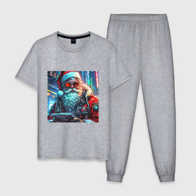 Мужская пижама хлопок с принтом Стильный Санта Клаус в стиле Киберпанк , 100% хлопок | брюки и футболка прямого кроя, без карманов, на брюках мягкая резинка на поясе и по низу штанин
 | Тематика изображения на принте: 