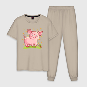 Мужская пижама хлопок с принтом Розовый поросёнок в Тюмени, 100% хлопок | брюки и футболка прямого кроя, без карманов, на брюках мягкая резинка на поясе и по низу штанин
 | 
