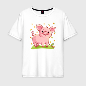 Мужская футболка хлопок Oversize с принтом Розовый поросёнок в Кировске, 100% хлопок | свободный крой, круглый ворот, “спинка” длиннее передней части | Тематика изображения на принте: 