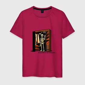 Мужская футболка хлопок с принтом Хэллоуин: скелет в шкафу в Тюмени, 100% хлопок | прямой крой, круглый вырез горловины, длина до линии бедер, слегка спущенное плечо. | Тематика изображения на принте: 