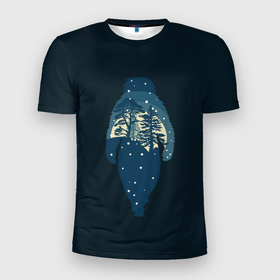 Мужская футболка 3D Slim с принтом Снежный человек и зимний лес в Новосибирске, 100% полиэстер с улучшенными характеристиками | приталенный силуэт, круглая горловина, широкие плечи, сужается к линии бедра | Тематика изображения на принте: 