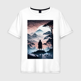 Мужская футболка хлопок Oversize с принтом Самурай на островке в закате в Белгороде, 100% хлопок | свободный крой, круглый ворот, “спинка” длиннее передней части | 