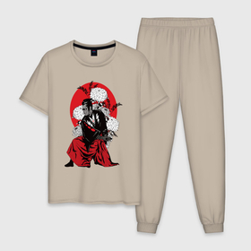 Мужская пижама хлопок с принтом японский ассасин в Санкт-Петербурге, 100% хлопок | брюки и футболка прямого кроя, без карманов, на брюках мягкая резинка на поясе и по низу штанин
 | 