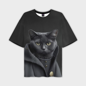 Мужская футболка oversize 3D с принтом Чёрный кот в пальто в Петрозаводске,  |  | Тематика изображения на принте: 
