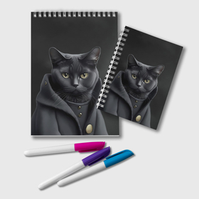 Блокнот с принтом Чёрный кот в пальто , 100% бумага | 48 листов, плотность листов — 60 г/м2, плотность картонной обложки — 250 г/м2. Листы скреплены удобной пружинной спиралью. Цвет линий — светло-серый
 | Тематика изображения на принте: 