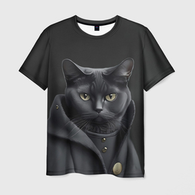Мужская футболка 3D с принтом Чёрный кот в пальто в Петрозаводске, 100% полиэфир | прямой крой, круглый вырез горловины, длина до линии бедер | Тематика изображения на принте: 