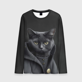 Мужской лонгслив 3D с принтом Чёрный кот в пальто , 100% полиэстер | длинные рукава, круглый вырез горловины, полуприлегающий силуэт | 