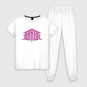 Женская пижама хлопок с принтом Барби   black metal logo в Белгороде, 100% хлопок | брюки и футболка прямого кроя, без карманов, на брюках мягкая резинка на поясе и по низу штанин | 