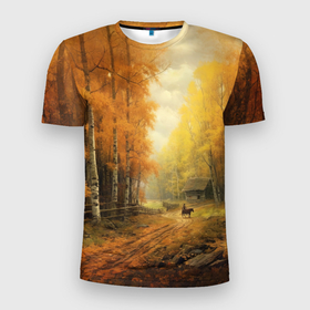 Мужская футболка 3D Slim с принтом Осень в деревне в Петрозаводске, 100% полиэстер с улучшенными характеристиками | приталенный силуэт, круглая горловина, широкие плечи, сужается к линии бедра | 